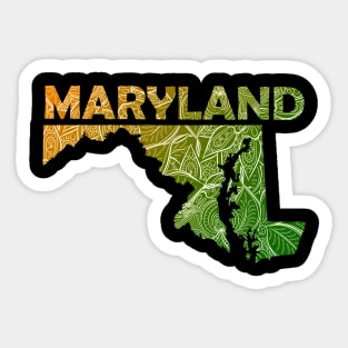 Colorful mandala art map of Maryland with text in green and orange Sticker